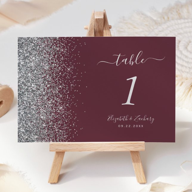Numeração De Mesa Casamento de Borda Glitter Silver Moderno Burgundy (Criador carregado)