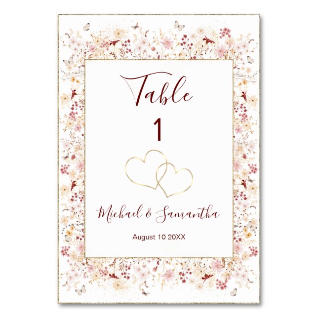 Numeração De Mesa Casamento de Borgonha e Flor Selvagem (Frente)