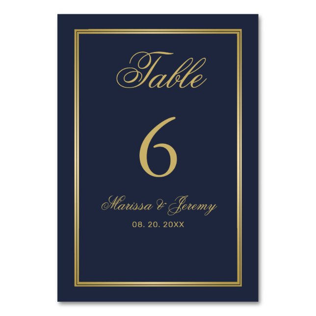 Numeração De Mesa Casamento de Caligrafia Azul-Dourada de Script Ele (Frente)