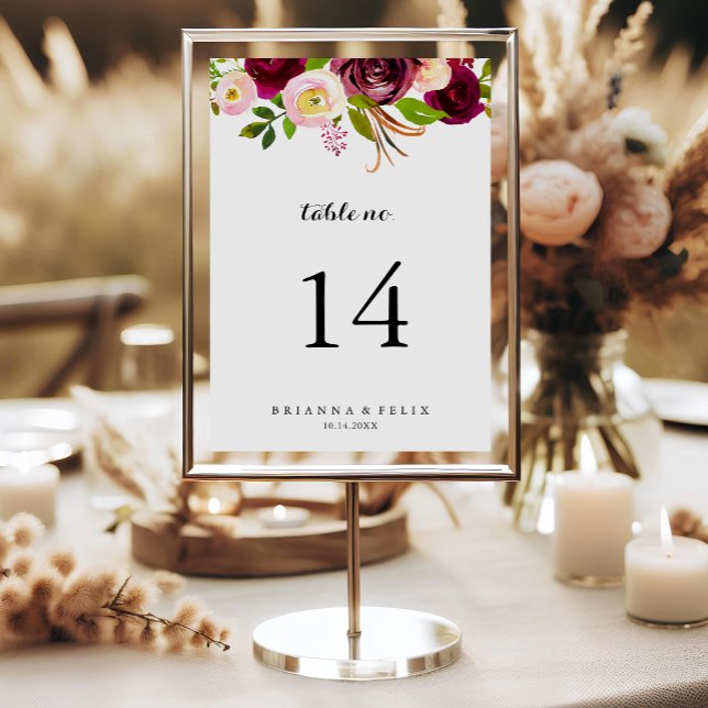 Numeração De Mesa Casamento de Caligrafia Floral Rustic Blush Burgun (Criador carregado)