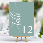 Numeração De Mesa Casamento de Caligrafia Moderna Dusty Teal<br><div class="desc">Mande seus convidados para seus assentos com esses números de mesas de casamento elegantes e empoeirados. Apresentando uma design minimalista com a caligrafia moderna, esses números de tabelas adicionam um toque de sofisticação à sua recepção de casamento. O fundo suave e a tipografia elegante e limpa garantem uma leitura fácil...</div>