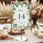 Numeração De Mesa Casamento de Caligrafia Tropical de Destino<br><div class="desc">Este número da mesa de casamento da caligrafia tropical de destino é perfeito para um casamento simples. A design apresenta palma verde de cor d'água pintada à mão e folhas de bananeira bem organizadas em belos buquês. Este é um número de tabela de dois lados. Adicione cada número de tabela...</div>