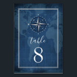 Numeração De Mesa Casamento de Compass Azul e Branco com Marinho Náu<br><div class="desc">Cartões Náuticos de Número de Tabela Casada de Compass Blue & White Vintage - apresentam um fundo azul-aquarela azul-marinho com tipografia branca elegante e uma bússola antiga no topo. A parte traseira apresenta o mesmo design de pergaminho de papel antigo impresso em azul marinho. Exibir a coleção correspondente nesta página...</div>