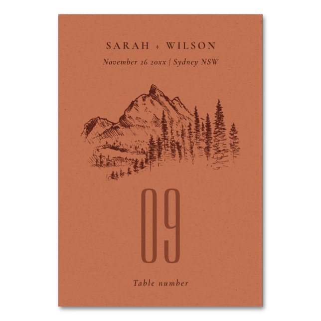 Numeração De Mesa Casamento de Desenhos Rust Orange Pine Woods Mount (Frente)