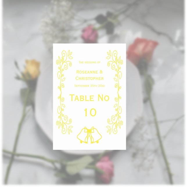 Numeração De Mesa Casamento de Design de Limon Bells (Yellow wedding table number bells and scrollwork design)