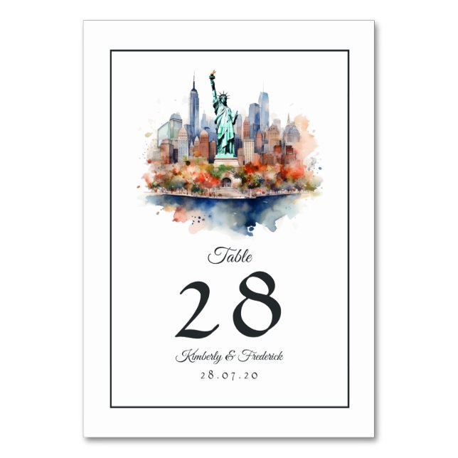 Numeração De Mesa Casamento de Destino em Nova York com Aquarela (Frente)