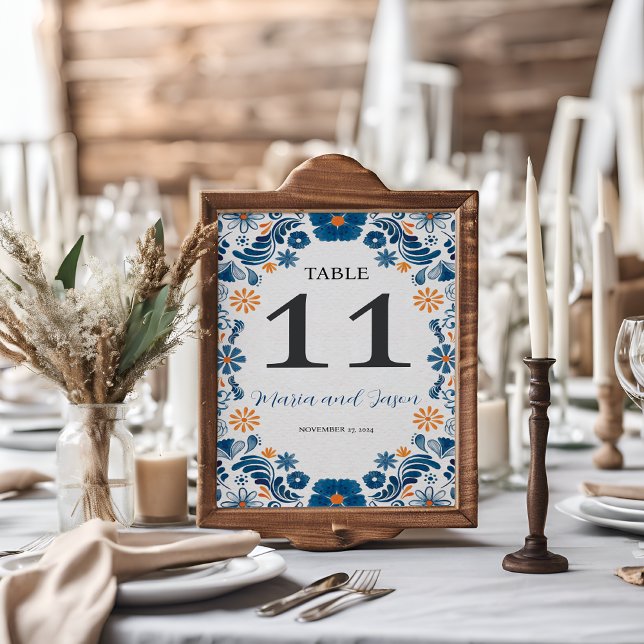 Numeração De Mesa Casamento de Elegante Fiesta Floral Azul Mexicano (Mexican Blue Orange Floral Elegant Fiesta Wedding Table Number)