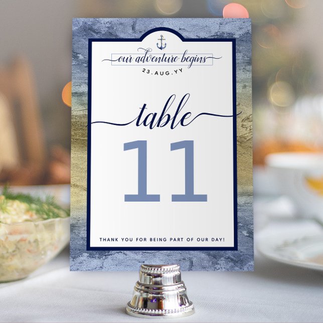 Numeração De Mesa Casamento de Evento Naval em Azul Aço e Dourado (Steel Blue and Gold Nautical Wedding "Our Adventure Begins" Wedding Table Numbers)