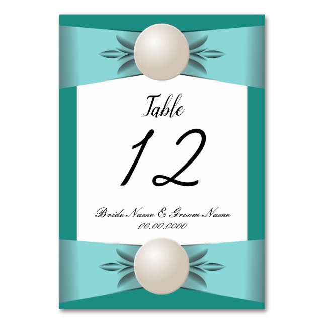 Numeração De Mesa Casamento de Fita de Teal & Turquoise Pearl (Frente)