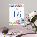 Numeração De Mesa Casamento de Flor com Anêmona de Aquarela<br><div class="desc">Placas com números de flores de anêmona com aquarela apresentam um roteiro elegante azul sobre um fundo branco rodeado por lindas flores de anêmona em rosa, lavanda, azul, roxo e violeta com folhas verdes. O texto pode ser personalizado editando as caixas de texto. Projetado para você pelo Evco Studio ©...</div>