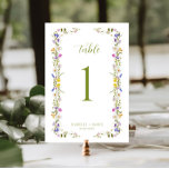 Numeração De Mesa Casamento de Flor Selvagem de Jardim Whimsical<br><div class="desc">Cartão de número da mesa de casamento de jardim branco com flores silvestres coloridas e uma letra de escrita manuscrita verde. Esta placa de número de tabela é perfeita para casais que desejam adicionar um toque de charme e elegância ao seu dia especial. O intrincado design floral adiciona um toque...</div>