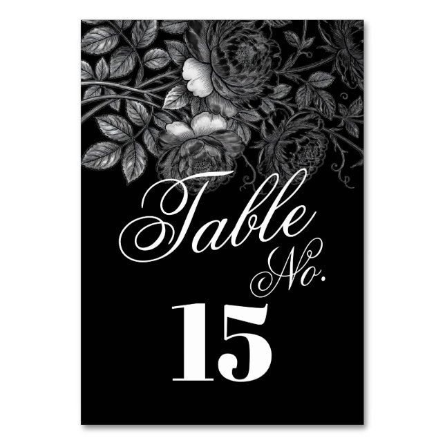 Numeração De Mesa Casamento de Florais Monocromáticos Góticos Preto  (Frente)