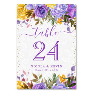 Numeração De Mesa Casamento de Flores Amarelas e Roxas em Aquarela