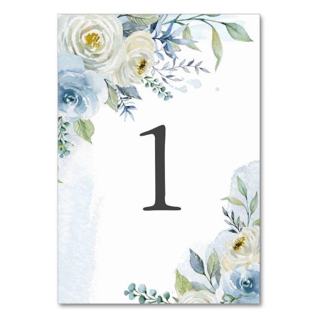 Numeração De Mesa Casamento de Flores de Aquarela Brancas e Azul Emp (Frente)
