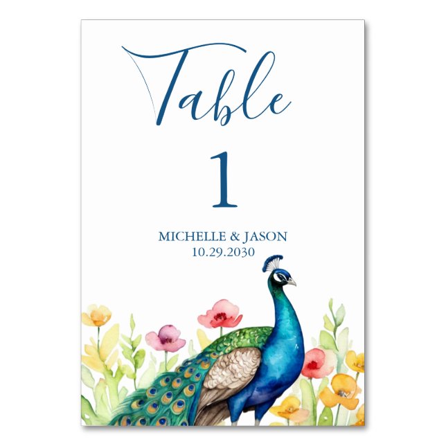 Numeração De Mesa Casamento de Flores de Pavão com Aquarela Moderna  (Frente)
