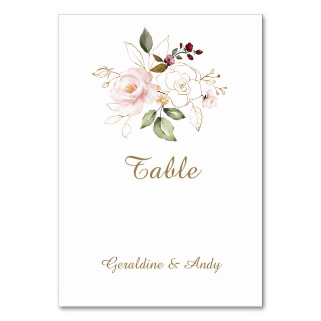 Numeração De Mesa Casamento de Flores Douradas Elegante, Rosa-Blush (Frente)