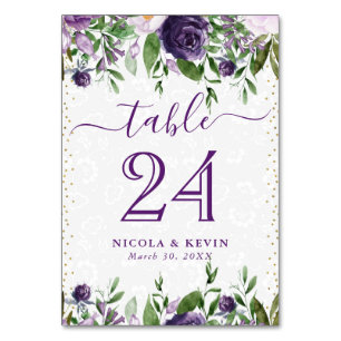 Numeração De Mesa Casamento de Flores Roxas e Brancas em Aquarela