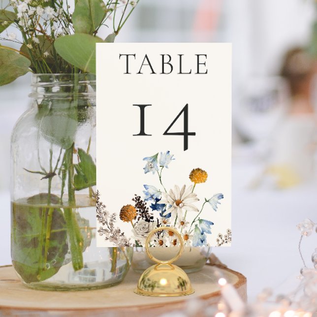 Numeração De Mesa Casamento de Flores Silvestres e Margaridas em Azu (Rustic Dusty Blue Wildflowers & Daisies Wedding Table Number)
