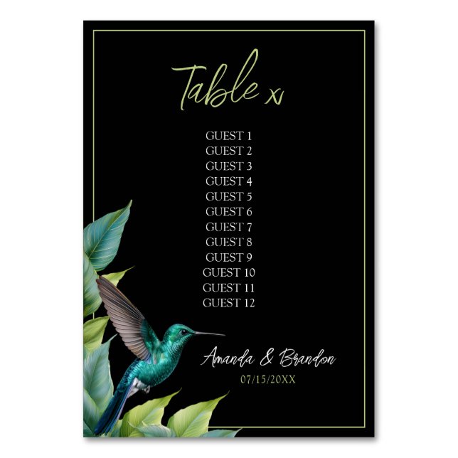 Numeração De Mesa Casamento de Folhas Tropicais Emerald Hummingbird (Frente)