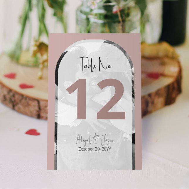 Numeração De Mesa Casamento de Fotografias com Rosa Mínimo 💍 (Taupe / Mauve Arched Wedding Photo Table Table Numbers | Personalize and Preview on Screen Now!)