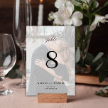 Numeração De Mesa Casamento de fotos minimalista moderno<br><div class="desc">Roteiro clássico de caligrafia simples,  preto-e-branco,  sobrepõe noiva e nomes de noivos e número personalizado da tabela de casamento de fotos.          Observe que para solicitar números diferentes,  você precisa personalizá-los e colocá-los no carrinho de compro um a um (uma placa sem 1,  outra sem 2,  etc).</div>