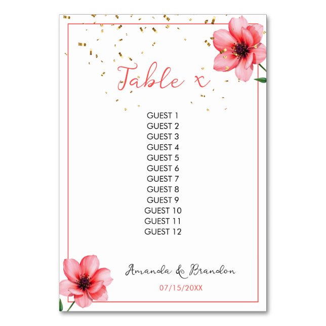 Numeração De Mesa Casamento de Frame de Confetti Floral Rosa-Blush C (Frente)