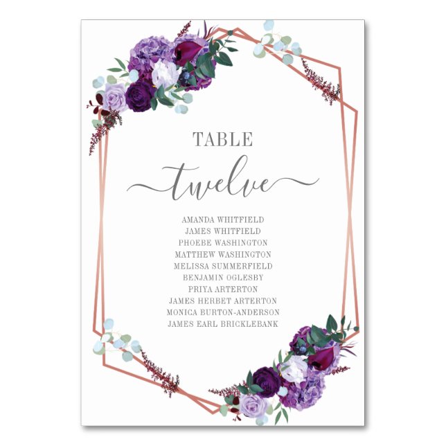 Numeração De Mesa Casamento de Frame Dourado Rosa Floral Roxo (Frente)