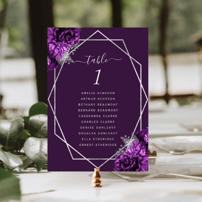 Numeração De Mesa Casamento de Frame Geométrico de Prata Floral Púrp (Criador carregado)