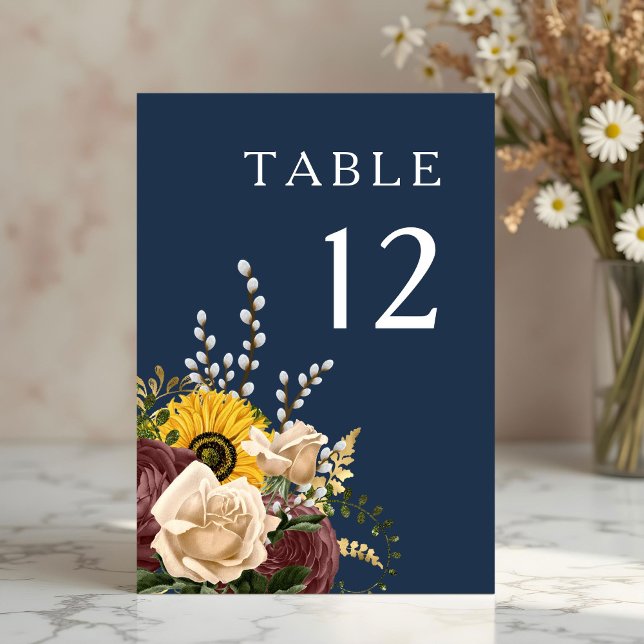 Numeração De Mesa Casamento de Girassol Azul-Marinho Elegante (Elegant Navy Blue Sunflower Wedding Table Number)