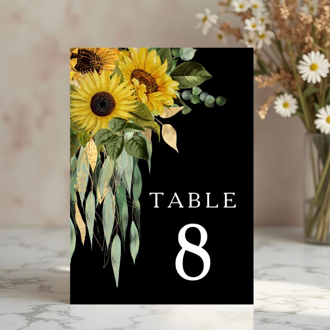 Numeração De Mesa Casamento de Girassol Negro Moderno (Modern Black Sunflower Wedding Table Number)