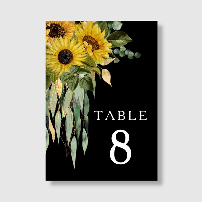 Numeração De Mesa Casamento de Girassol Negro Moderno (Modern Black Sunflower Wedding Table Number)