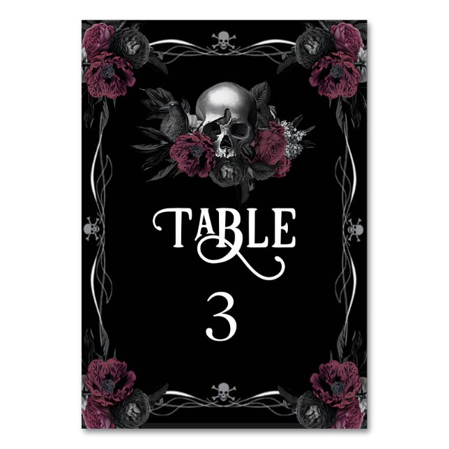 Numeração De Mesa Casamento de Halloween Floral Crânio Burgundy Góti (Frente)