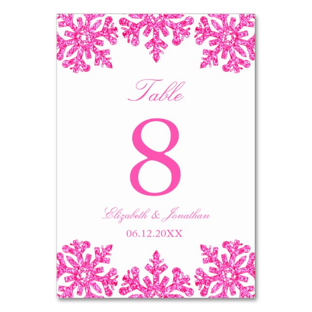 Numeração De Mesa Casamento de Inverno com Floco de Neve Rosa (Frente)