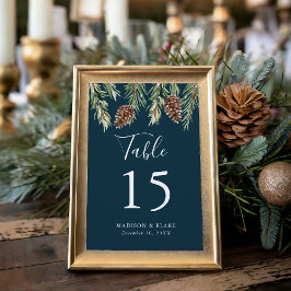 Numeração De Mesa Casamento de Inverno em Aquarela com Pinhas Azul M