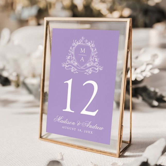 Numeração De Mesa Casamento de Lavanda do Elegante Floral Crest Mono (Criador carregado)