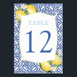 Numeração De Mesa Casamento de limões com Azulejos azuis italianas<br><div class="desc">Limões de aquarelas e flores bonito sobre um fundo de azulejo azul e branco de cobalto para este design de casamento,  Chá ou de mesa de aniversário.</div>