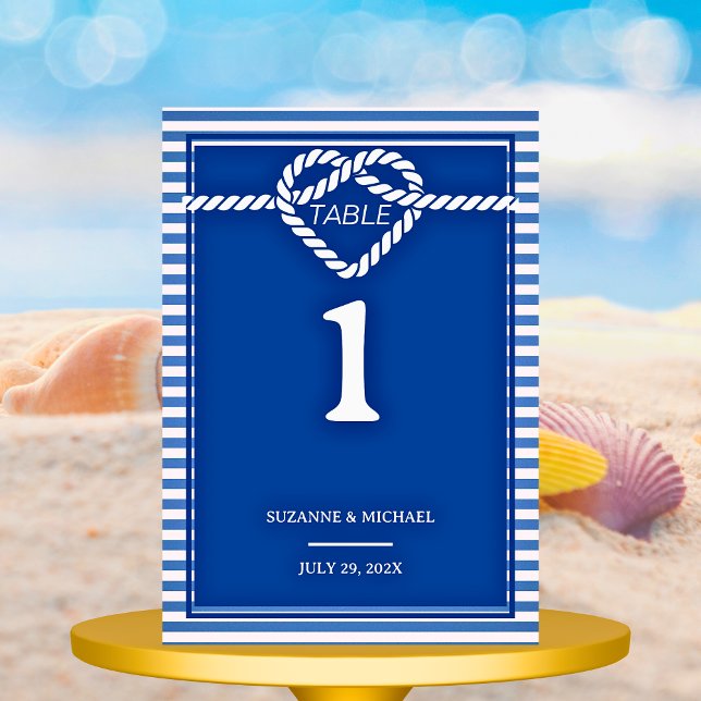 Numeração De Mesa Casamento de Listras com Nó Azul Marinho Náutico  (Nautical Navy Blue Tying Knot Stripes Wedding Table Number)