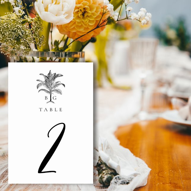 Numeração De Mesa Casamento de Monograma de Árvore Tropical Minimali (Minimalist Tropical Palm Tree Monogram Wedding Table Number)