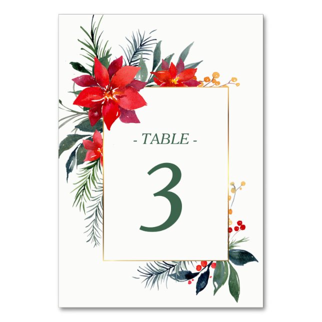 Numeração De Mesa Casamento de Natal de Moldura Dourada Poinsettia (Frente)