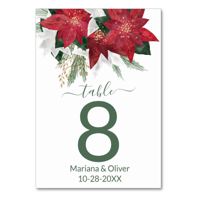 Numeração De Mesa Casamento de Natal Verde Elegante Poinsettia (Frente)