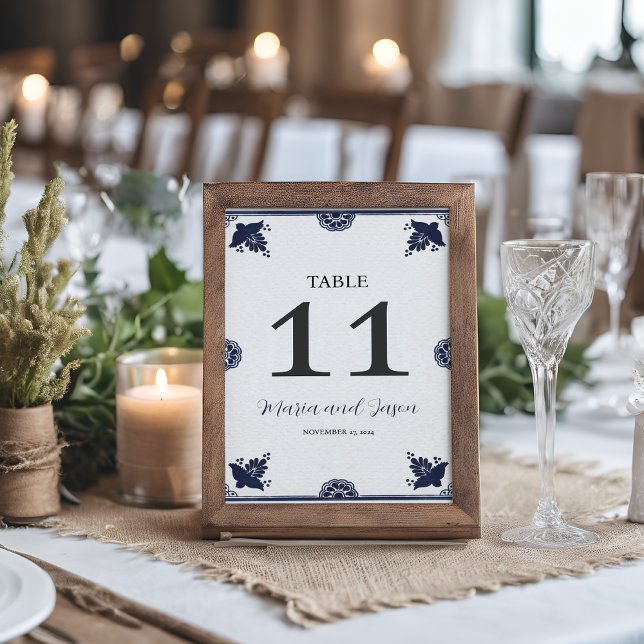 Numeração De Mesa Casamento de Otomi Simple Fiesta Azul Mexicano (Mexican Blue Floral Otomi Simple Fiesta Wedding Table Number)