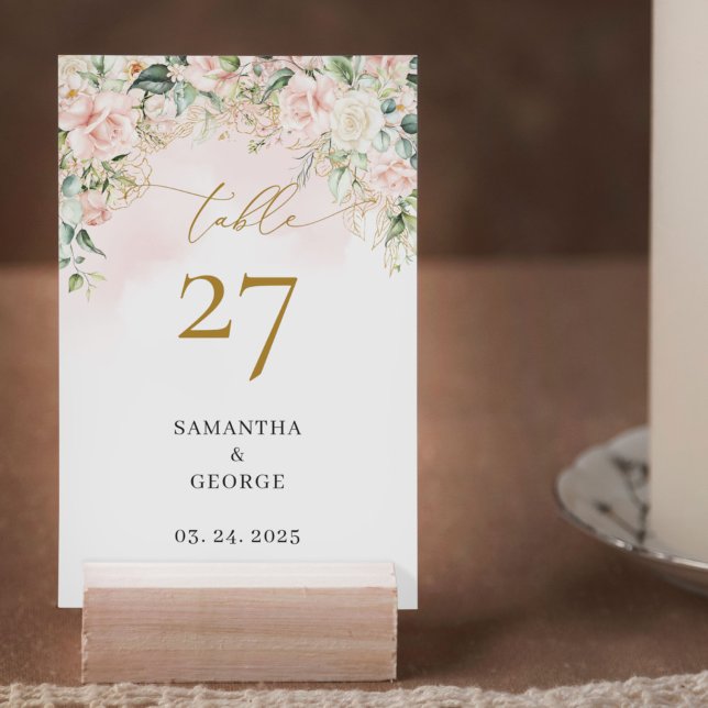 Numeração De Mesa Casamento de ouro com rosas de Blush de eucalipto (Modern Boho blush floral gold  and eucalyptus wedding table number card)