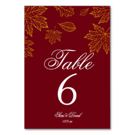 Numeração De Mesa Casamento de Outono com Folhas de Bordeaux e Doura