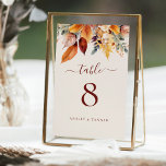 Numeração De Mesa Casamento de outono Elegante<br><div class="desc">Elegante Fall Leaves Autumn Wedding Table Number apresenta um belo buquê de folhas do outono em ferrugem,  amarela,  dourada,  mostarda,  castanha e roxa.</div>