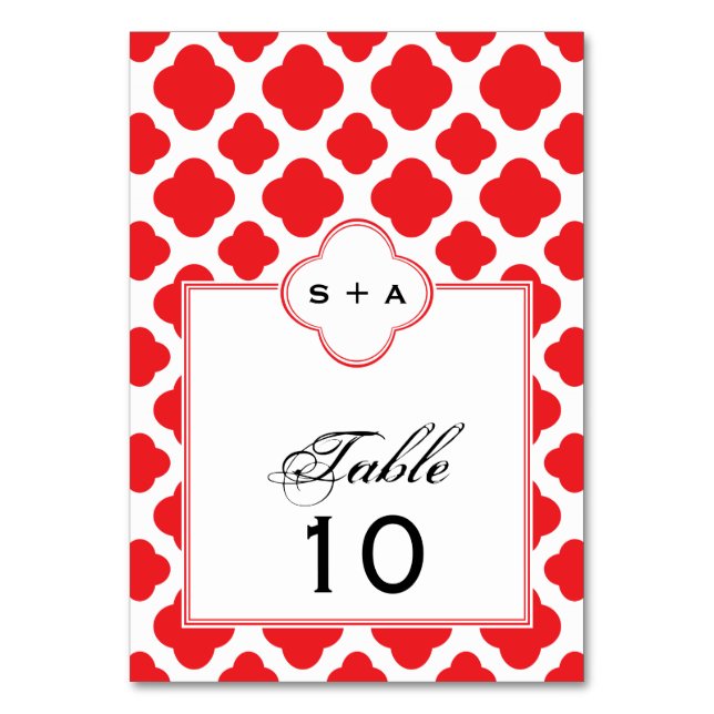 Numeração De Mesa Casamento de Padrão de Quatrefoil Vermelho Monogra (Frente)