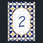 Numeração De Mesa Casamento de Padrão Português Azul e Amarelo<br><div class="desc">Este design apresenta padrões de azulejos portugueses de vintagem russa. O texto do casamento é elegantemente enquadrado com uma forma de arco oval de cor branca e dourada. Design único da mesa de casamento floral azul, amarela e branca Azulejo com elementos modernos. Os convites de casamento e outros artigos de...</div>