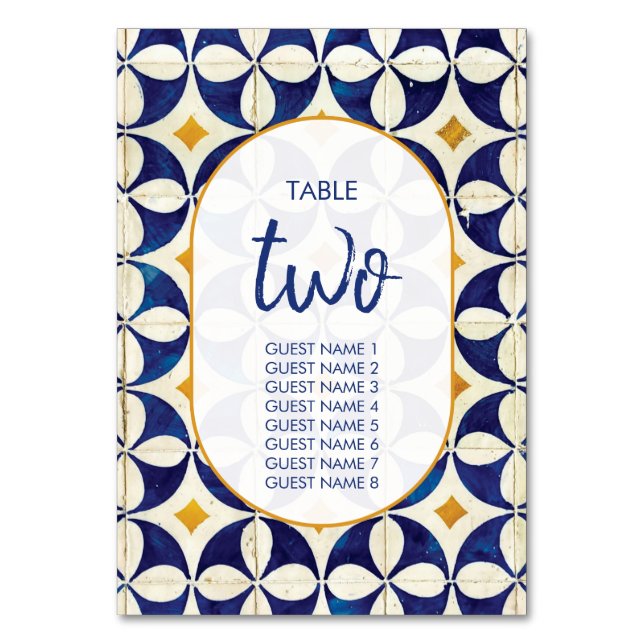 Numeração De Mesa Casamento de Padrão Português Azul e Amarelo (Frente)