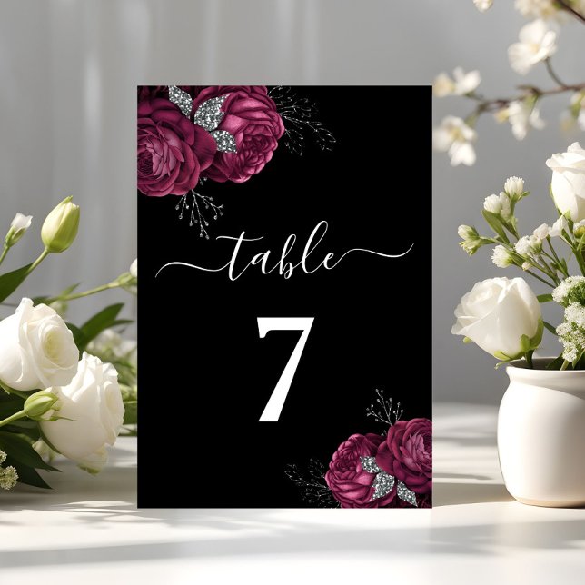 Numeração De Mesa Casamento de Peões de Borgonha Floral Negra (Black Floral Burgundy Peonies Wedding Table Number)