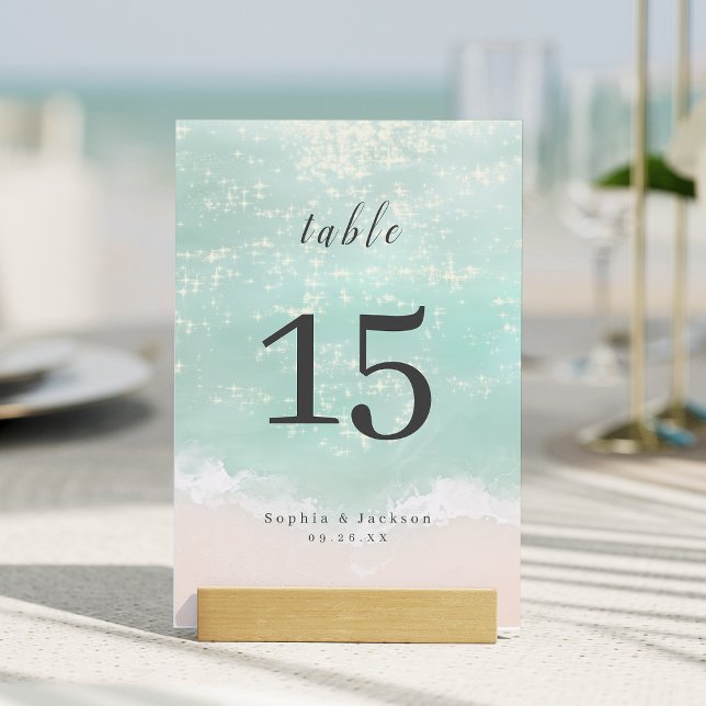 Numeração De Mesa Casamento de praia Elegante abstrato (Elegant abstract sparkling ocean beach wedding table number)