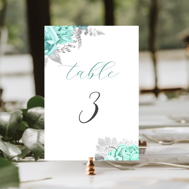 Numeração De Mesa Casamento de Prata Floral Elegante Aqua (Criador carregado)